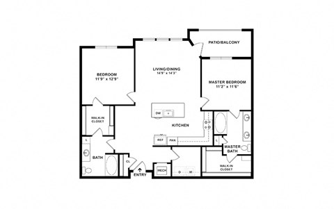 Floor plan for 2 beds, 2 baths, 1211 sqft